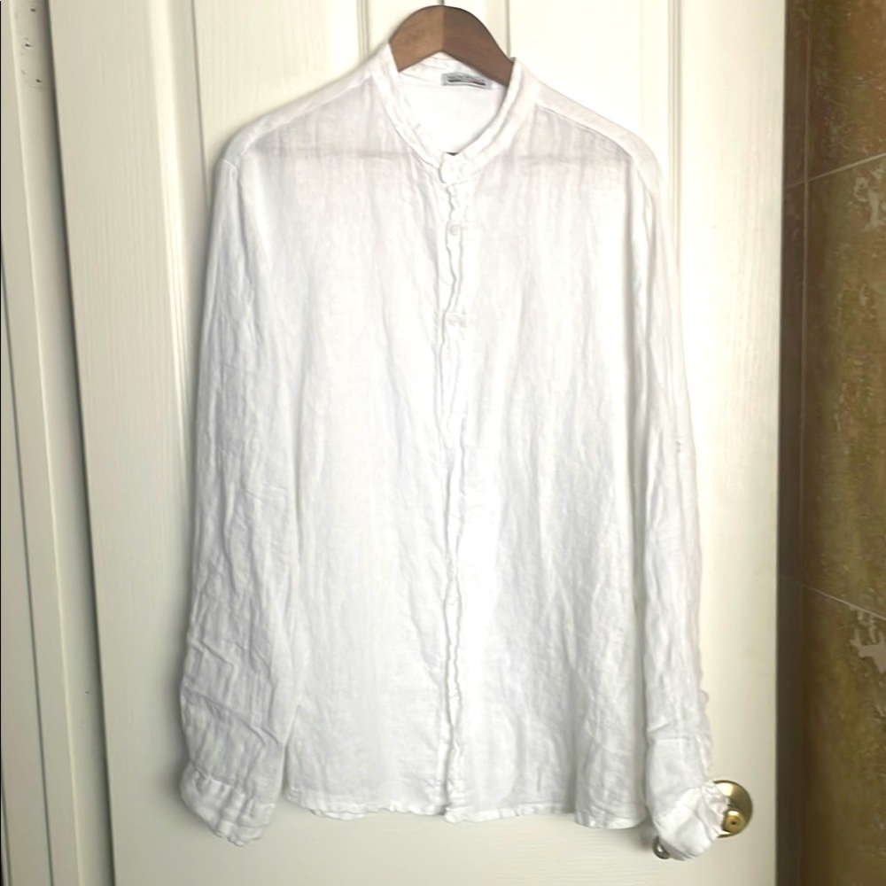 Pronto Moda - Raw Linen White banded Shirt